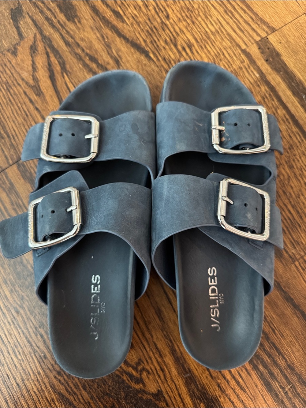 J Slides Women's Double-Buckle Slide Sandals in Navy Blue